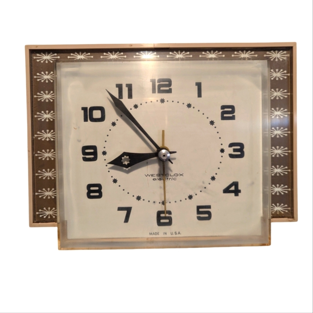 Vintage Westclox Capella Starburst Clock S13AC 5"x 7" Mid Century MCM Pink/Beige